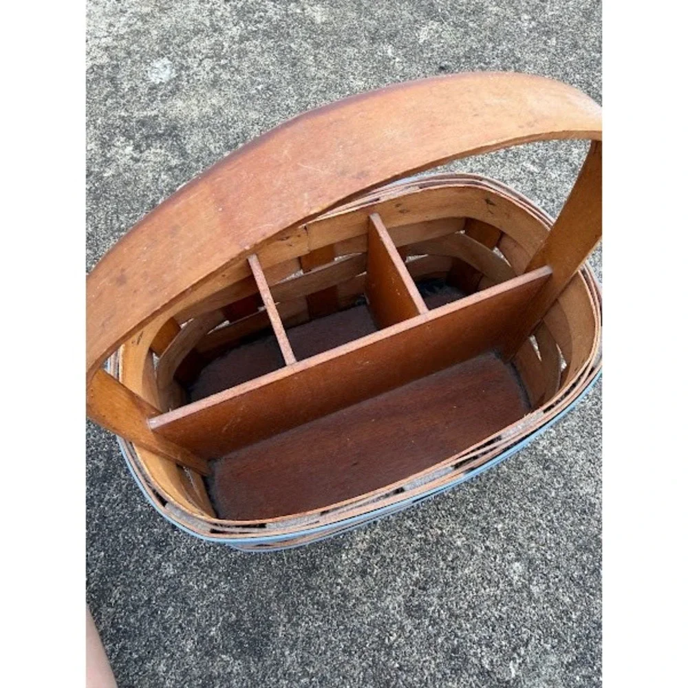 Vintage Style Woven‎ Wood Divided Caddy Basket with Blue Trim and Handle